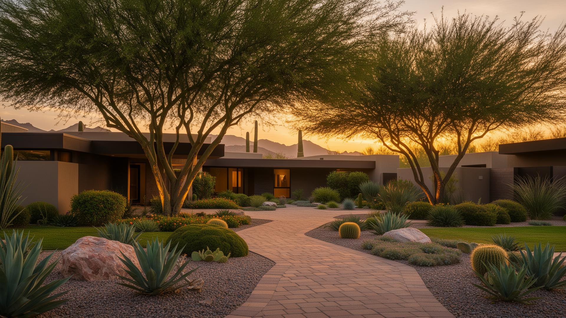 Beautifully landscaped Arizona home with mature trees and paver walkway at golden hour